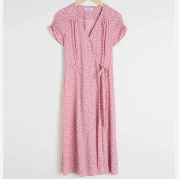 & Other Stories Pink Floral V Neck Wrap Midi Dress Ruched Puffed Sleeves SZ 6 - Picture 1 of 14
